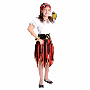 Disfraz de pirata para niña con vestido a rayas rojas y negras, chaleco, camisa y pañoleta con calavera