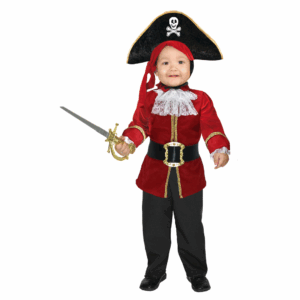 Disfraz de pirata caribeño para niño con chaqueta roja, pantalón negro, camisa blanca, sombrero pirata y cinturón