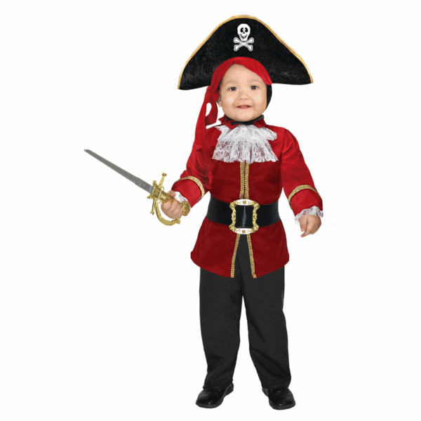 Disfraz de pirata caribeño para niño con chaqueta roja, pantalón negro, camisa blanca, sombrero pirata y cinturón