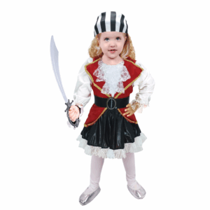 Disfraz de pirata caribeña para niña con chaqueta roja, falda negra, camisa blanca, cinturón y bandana a rayas