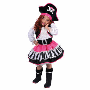 Disfraz de pirata deluxe para niña con vestido rosa y negro, cubrebotas y sombrero de pirata