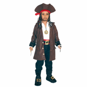 Disfraz de pirata del Caracas para niño con chaqueta marrón, pantalón, camisa, cinturón y gorro tricornio