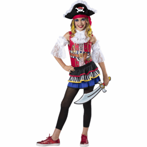Disfraz de pirata fashion para niña con vestido rojo, negro, azul y amarillo, sombrero de pirata y adornos
