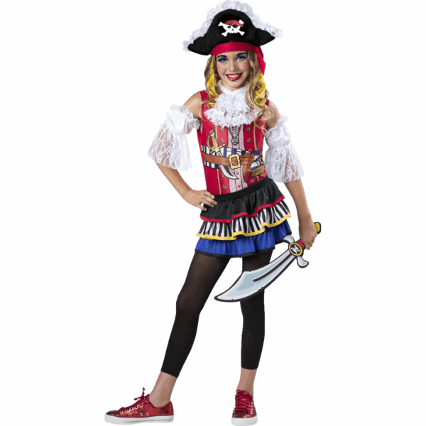 Disfraz de pirata fashion para niña con vestido rojo, negro, azul y amarillo, sombrero de pirata y adornos