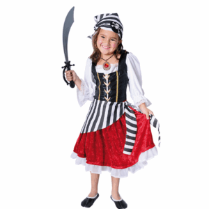 Disfraz de corsaria para niña con vestido a rayas, falda roja, corpiño negro y bandana pirata