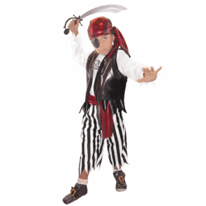 Disfraz de pirata para niño con camisa blanca, chaleco negro, pantalón a rayas, bandana roja y parche de ojo
