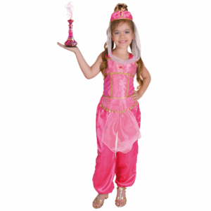 Disfraz de Bella Genio para niña con top rosa, pantalones bombachos y adorno de cabeza con velo
