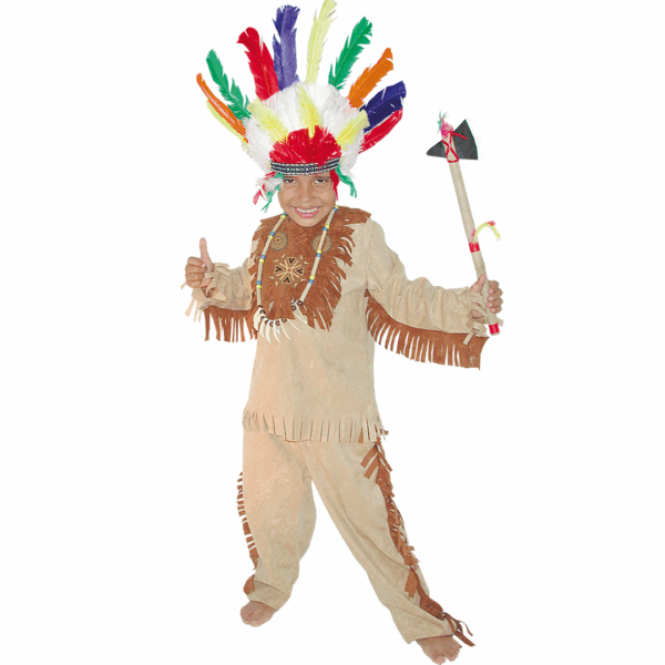 Disfraz de indio nativo americano para niño con camisa, pantalón beige y tocado de plumas de colores