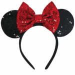 Vincha de Minnie Mouse con orejas negras de lentejuelas y moño rojo brillante