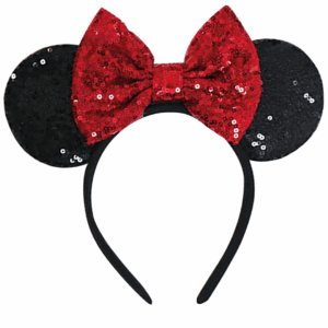 Vincha de Minnie Mouse con orejas negras de lentejuelas y moño rojo brillante