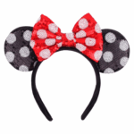 Vincha de Minnie Mouse con orejas de lentejuelas negras y moño rojo de lunares blancos