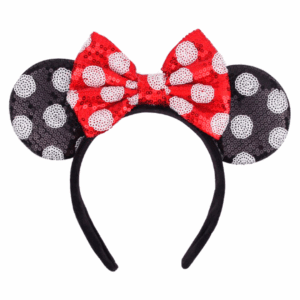 Vincha de Minnie Mouse con orejas de lentejuelas negras y moño rojo de lunares blancos