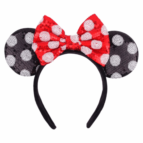 Vincha de Minnie Mouse con orejas de lentejuelas negras y moño rojo de lunares blancos