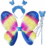 Set de disfraz de hada con alas de mariposa multicolor, cetro de mariposa azul y vincha con antenas y marabú azul