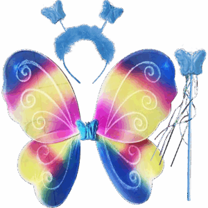Set de disfraz de hada con alas de mariposa multicolor, cetro de mariposa azul y vincha con antenas y marabú azul