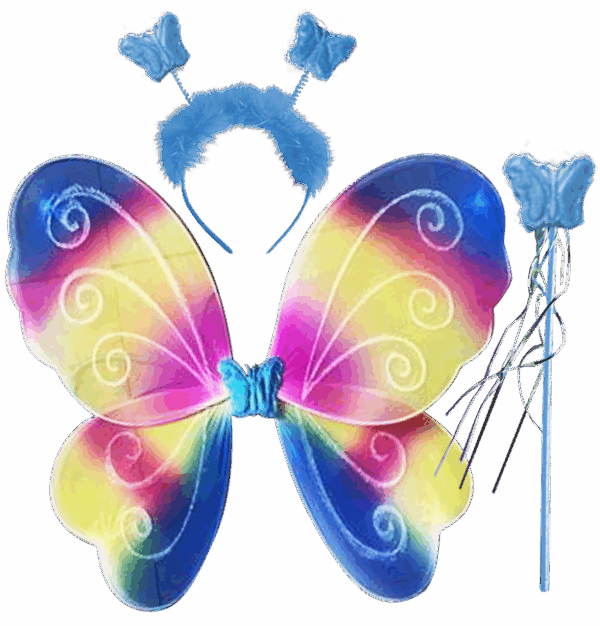 Set de disfraz de hada con alas de mariposa multicolor, cetro de mariposa azul y vincha con antenas y marabú azul