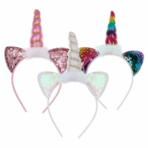 Vincha de unicornio con cuerno en espiral y orejas de lentejuelas surtidas