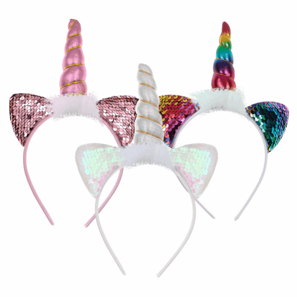 Vincha de unicornio con cuerno en espiral y orejas de lentejuelas surtidas