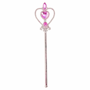Cetro de princesa plateado con gema de corazón lila y detalles de brillantes rosas