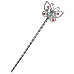 Cetro plateado con una mariposa decorada con joyas rosas y verdes