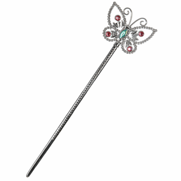 Cetro plateado con una mariposa decorada con joyas rosas y verdes