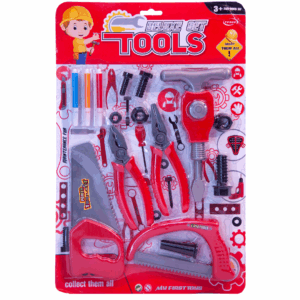 Set de herramientas de juguete Deluxe de color rojo y gris, incluyendo sierras, alicates, martillo y otras herramientas para niños.