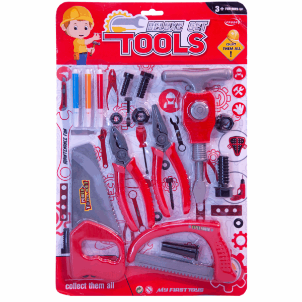Set de herramientas de juguete Deluxe de color rojo y gris, incluyendo sierras, alicates, martillo y otras herramientas para niños.