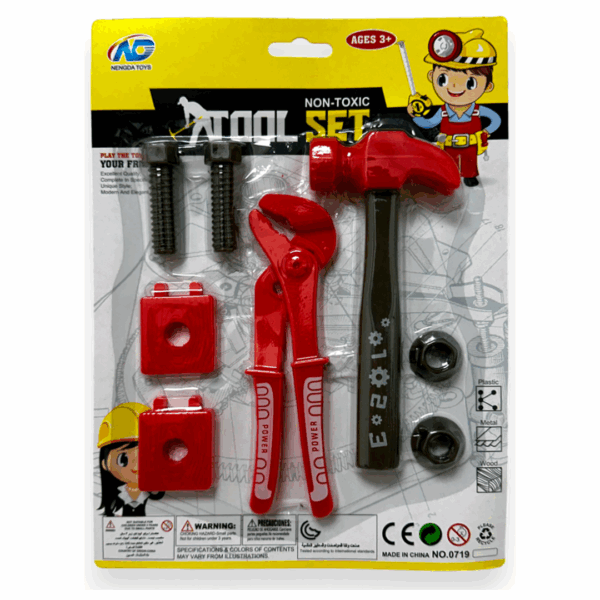 Set de herramientas de juguete surtidas en colores rojo y negro, incluyendo martillo, alicates, tornillos y tuercas, para niños mayores de 3 años.
