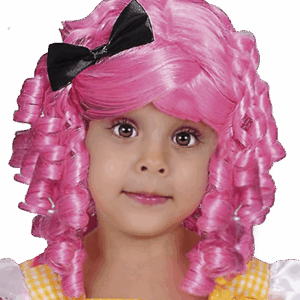 Peluca rosa fucsia de rizos largos con un lazo negro en la parte superior, perfecta para un disfraz de Lalaloopsy.