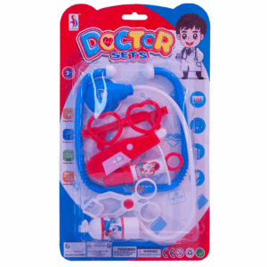 Set de doctor de juguete con estetoscopio azul, gafas rojas, jeringa y otros instrumentos médicos para niños.