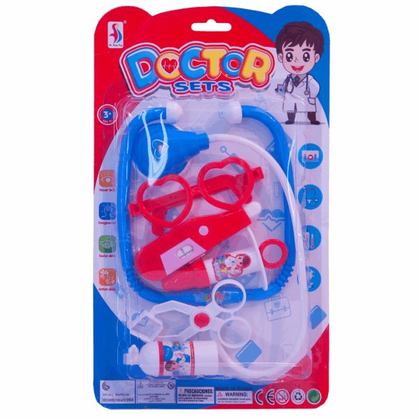 Set de doctor de juguete con estetoscopio azul, gafas rojas, jeringa y otros instrumentos médicos para niños.