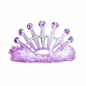 Corona plateada de princesa con gemas moradas y borde de marabú lila
