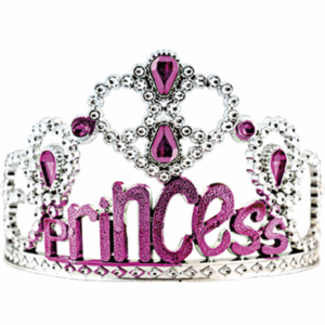 Corona plateada de princesa con gemas rosas y la palabra 'Princess' en lentejuelas