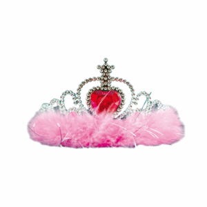 Corona plateada con gema roja central y borde de marabú rosa
