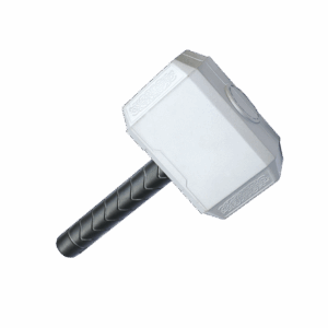 Martillo de juguete plateado con mango negro, réplica del Mjolnir, ideal para disfraz de superhéroe.