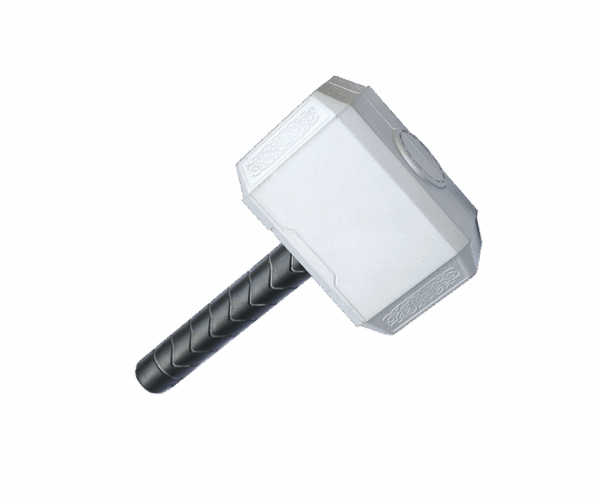 Martillo de juguete plateado con mango negro, réplica del Mjolnir, ideal para disfraz de superhéroe.