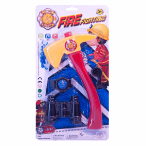 Set de juguete de bomberos con casco amarillo, hacha roja y amarilla, binoculares, reloj y distintivo, para niños mayores de 3 años.