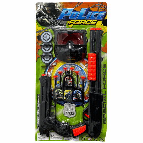 Set de juguete de policía Force con rifle, pistola, gafas rojas, máscara negra, distintivo y dianas de tiro, para niños.