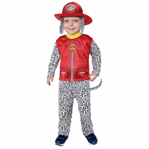 Disfraz de Bombero Patrol para bebé o niño, con enterizo estampado de dálmata, chaleco rojo de bombero y sombrero rojo con orejas.