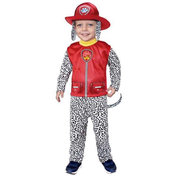 Disfraz de Bombero Patrol para niño, con enterizo de dálmata y chaleco rojo de bombero, y sombrero rojo con orejas.