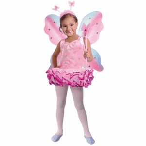 Disfraz de mariposa rosa para niña que incluye vestido brillante, alas rosadas y azules, diadema de antenas y cetro de hada.