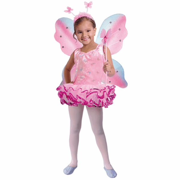 Disfraz de mariposa rosa para niña que incluye vestido brillante, alas rosadas y azules, diadema de antenas y cetro de hada.