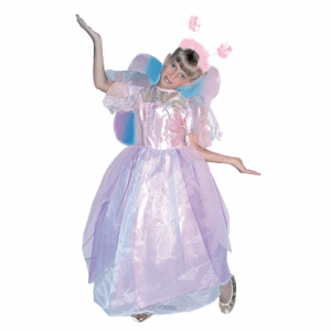 Disfraz de Princesa de los Cisnes para niña con vestido en tonos rosa y lila, alas brillantes, diadema con mariposas y cetro a juego.