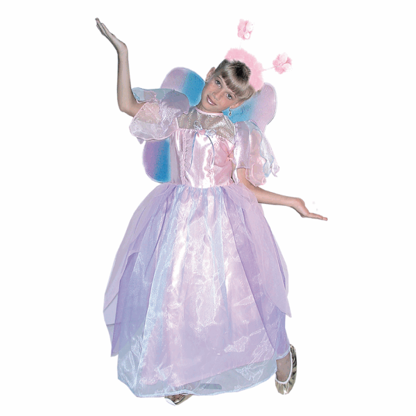 Disfraz de Princesa de los Cisnes para niña con vestido en tonos rosa y lila, alas brillantes, diadema con mariposas y cetro a juego.