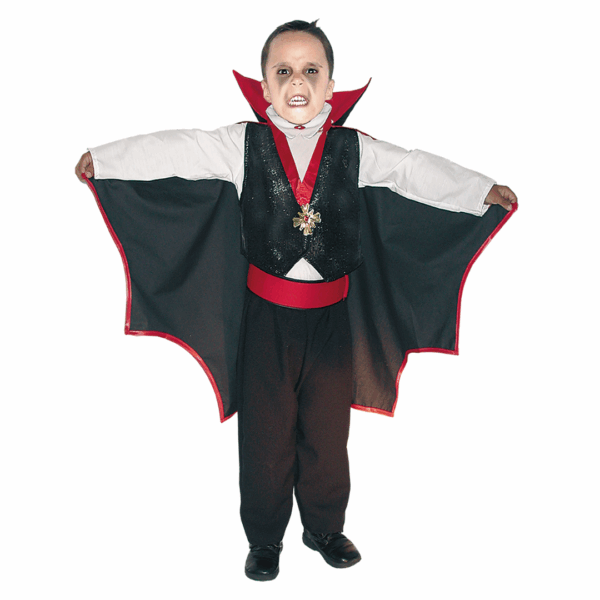 Disfraz de Drácula para niño con pantalón, camisa, chaleco, capa negra con rojo, cinturón y medalla