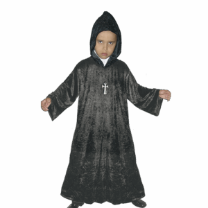 Túnica de lujo negra con capucha para niño, ideal como accesorio de disfraz de Halloween, monje o mago
