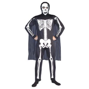 Disfraz de Calavera para adulto con enterizo negro con estampado de esqueleto, gorro-máscara y capa