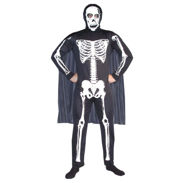 Disfraz de Calavera para adulto con enterizo negro con estampado de esqueleto, gorro-máscara y capa