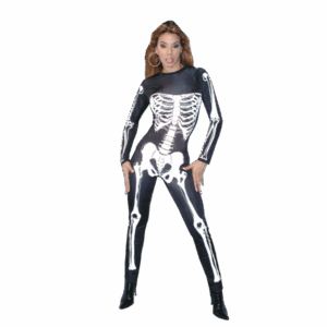 Disfraz de Calavera para adulta con enterizo negro y estampado de esqueleto blanco