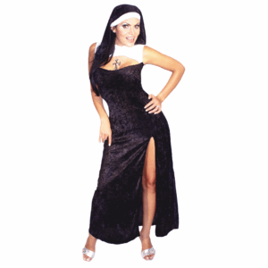Disfraz de Monja sexy para adulta con vestido negro largo con abertura y gorro de monja